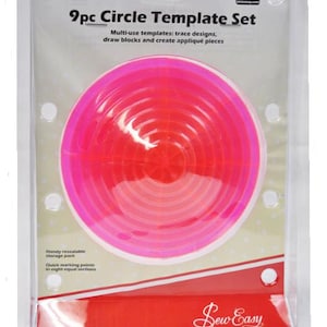 May include: A set of 9 pink and clear plastic circle templates for sewing and crafting. The templates are nested inside each other and have markings for easy use. The packaging says "9pc Circle Template Set" and "Multi-use templates: trace designs, draw blocks and create appliqué pieces".