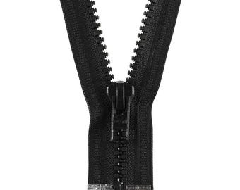 May include: A black zipper with a closed slider. The zipper teeth are interlocked, and the slider is at the bottom. The zipper is against a white background.