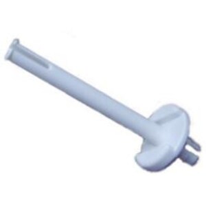 May include: A white plastic bottle stopper featuring a long, cylindrical stem and a circular, ridged base. The stopper has a small, notched end and a cross-shaped design on the base. The design is simple and functional.