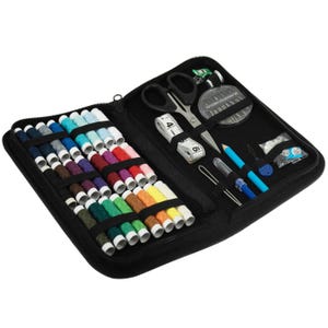 May include: A black sewing kit, open to show a range of sewing supplies. The kit contains spools of thread in various colours, scissors, a measuring tape, needles, pins, and other tools. The kit is designed for sewing and craft projects.