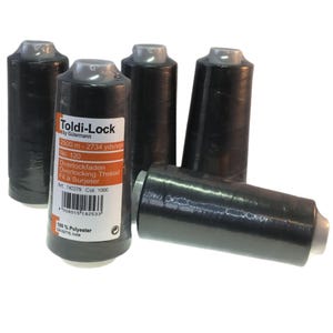 May include: Four spools of black overlocking thread, each spool is labelled "Toldi-Lock by Gütermann" and contains 2500 metres or 2734 yards of 100% polyester thread.