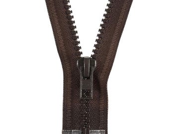 May include: A brown zipper with a dark brown pull tab and teeth. The zipper is open, showing the teeth and the fabric tape on either side. The zipper is set against a white background.