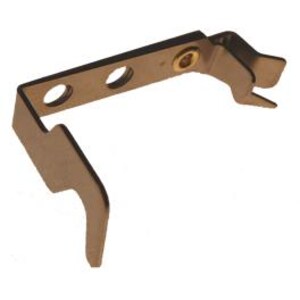 May include: A bronze-coloured metal bracket with two circular holes and a single brass-coloured rivet. The bracket has a bent, angular design with two protruding tabs. The object is isolated on a white background.