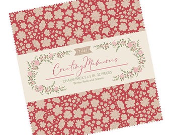 Tilda Creating Memories Winter Charm Pack 32pcs – 5" Squares in Red & Green – 100% Cotton Quilting  Craft Fabric