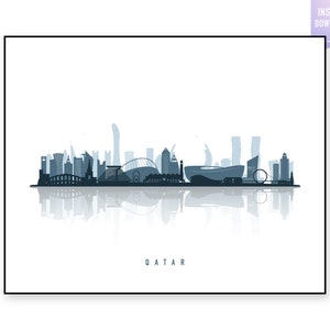 Qatar skyline reflection. Blue Qatar city Landscape. Blue reflection urban landscape. Instant Download. Qatar 2022 Print. jpg, png