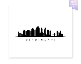 Impresión del horizonte de Cincinnati. Silueta negra de Cincinnati, Ohio. Impresión digital. Arte mural imprimible. Paisaje urbano. Cincinnati Vector SVG