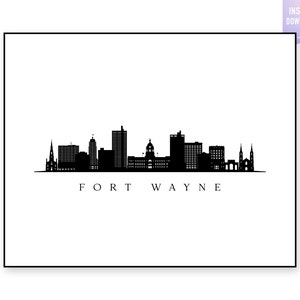 Impresión artística de silueta negra del horizonte de Fort Wayne, Indiana (descarga digital)