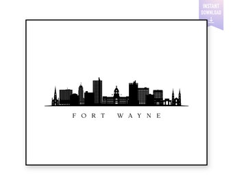 Fort Wayne, Indiana Skyline Print. Fort Wayne Black silhouette. Digital Print. Wall art. Town Landscape. City Vector. jpg, png, eps, svg