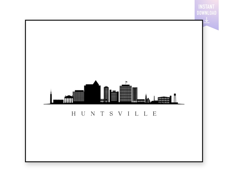 Huntsville Skyline Print. Huntsville AL Black Silhouette. Digital Print