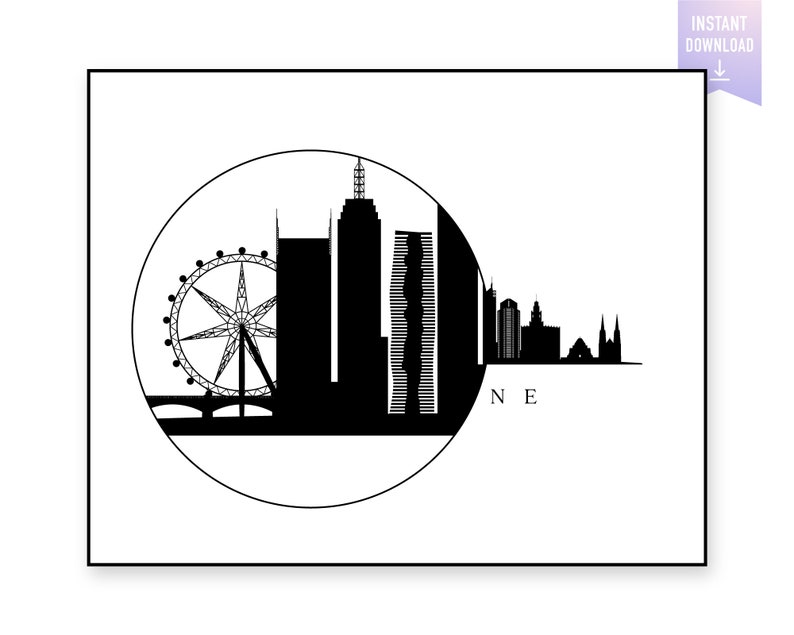 Melbourne Skyline Print. Melbourne Black silhouette. Digital Print. Printable wall art. Town Landscape. Melbourne Vector. jpg, png, eps, svg image 2