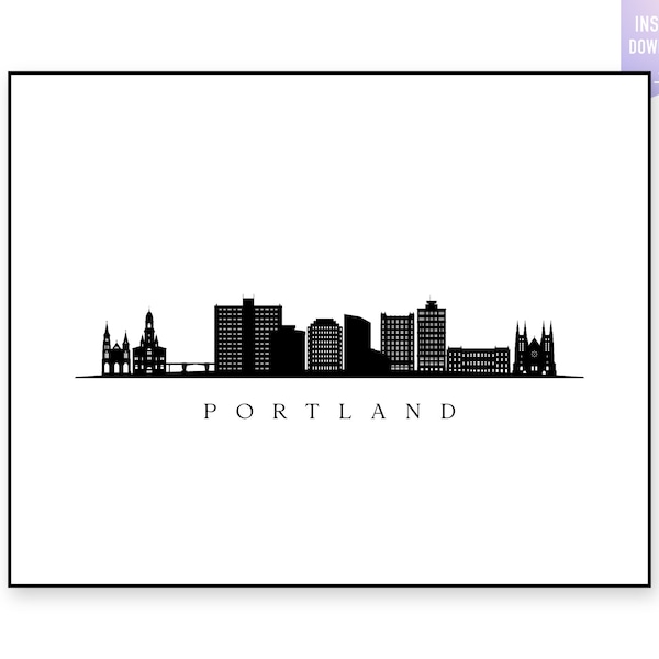 Portland Skyline Print. Portland, Maine Black silhouette. Digital Print. Printable wall art. Town Landscape. City Vector. jpg, png, eps, svg