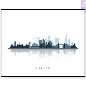 London city skyline reflection. Blue London city Landscape. Blue reflection urban landscape. Instant Download. London UK Print. jpg, png