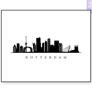 Impresión del horizonte de Róterdam. Silueta negra de Róterdam. Impresión digital. Arte mural imprimible. Paisaje urbano. Róterdam Vector. jpg, png, eps, svg