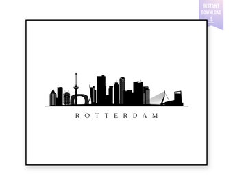 May include: Black and white silhouette of the Rotterdam skyline, featuring the Erasmus Bridge and other notable buildings. The city name "ROTTERDAM" is written below the skyline.