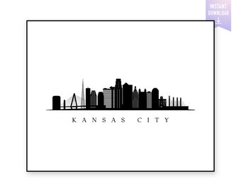 May include: Black and white silhouette of the Kansas City skyline, featuring the city's iconic buildings and bridges. The text "KANSAS CITY" is written below the skyline.