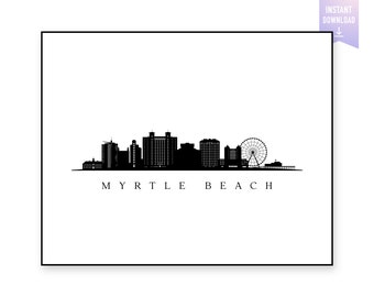 May include: Black and white silhouette of the Myrtle Beach skyline, featuring buildings and a Ferris wheel. The text "MYRTLE BEACH" is below the skyline.