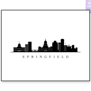 May include: Black and white silhouette of the Springfield, Illinois skyline. The image features various buildings and structures, with the city name printed in a simple font below the skyline. The words "Instant Download" are in the upper right corner.