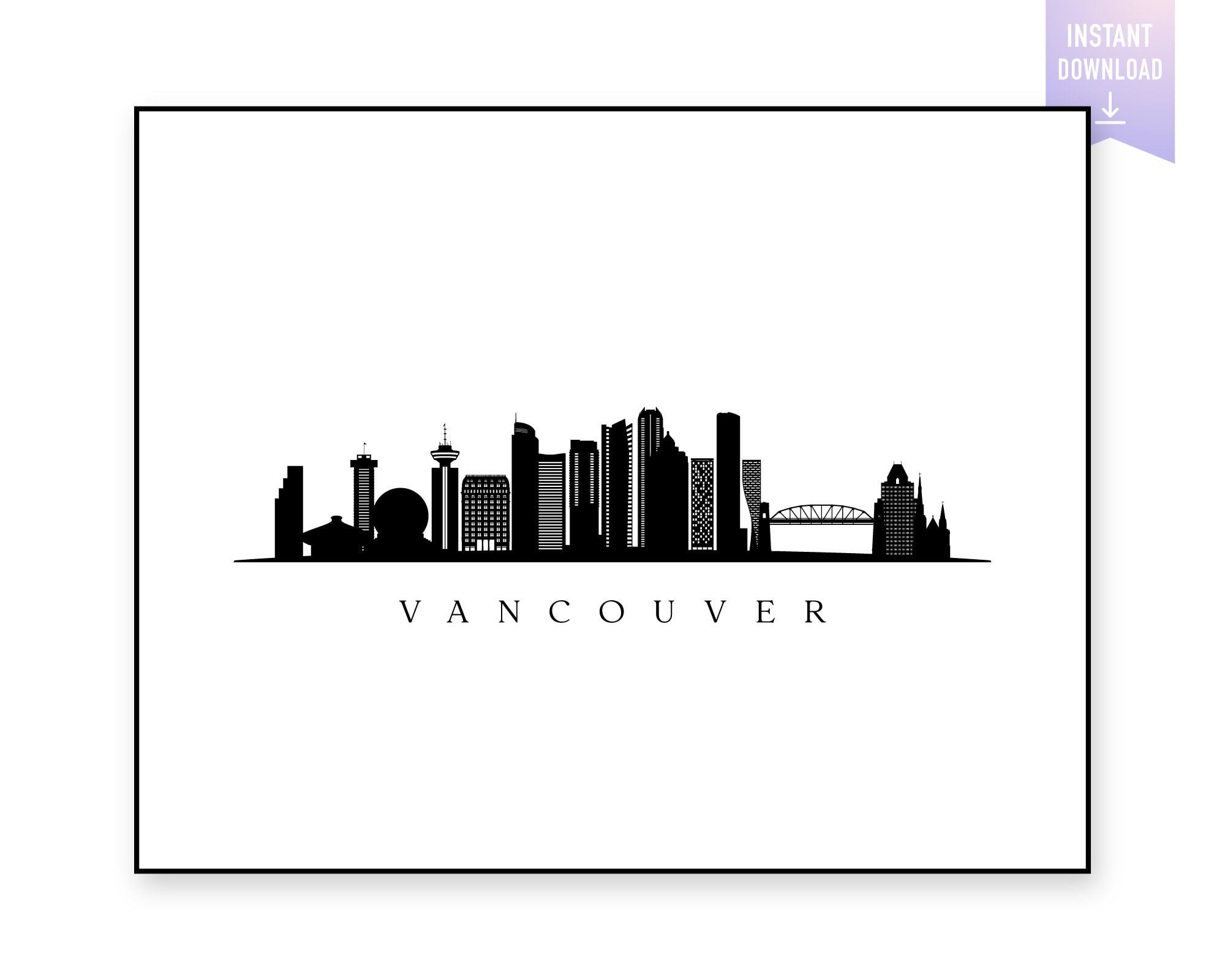 Vancouver Skyline Print. Vancouver City Black Silhouette. Digital Print ...