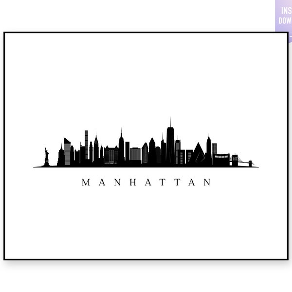 Manhattan Skyline Print. Manhattan NYC Black silhouette. Digital Print. Manhattan printable wall art. Town Landscape. jpg, png, eps, svg