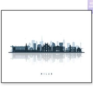 May include: A blue and white silhouette of the Milan skyline with a reflection in the water below. The text "MILAN" is at the bottom of the image.