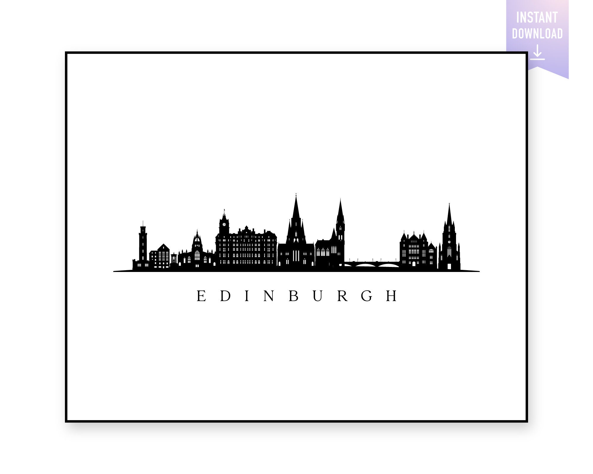 Edinburgh Skyline Print. Edinburgh Scotland Black Silhouette. Digital