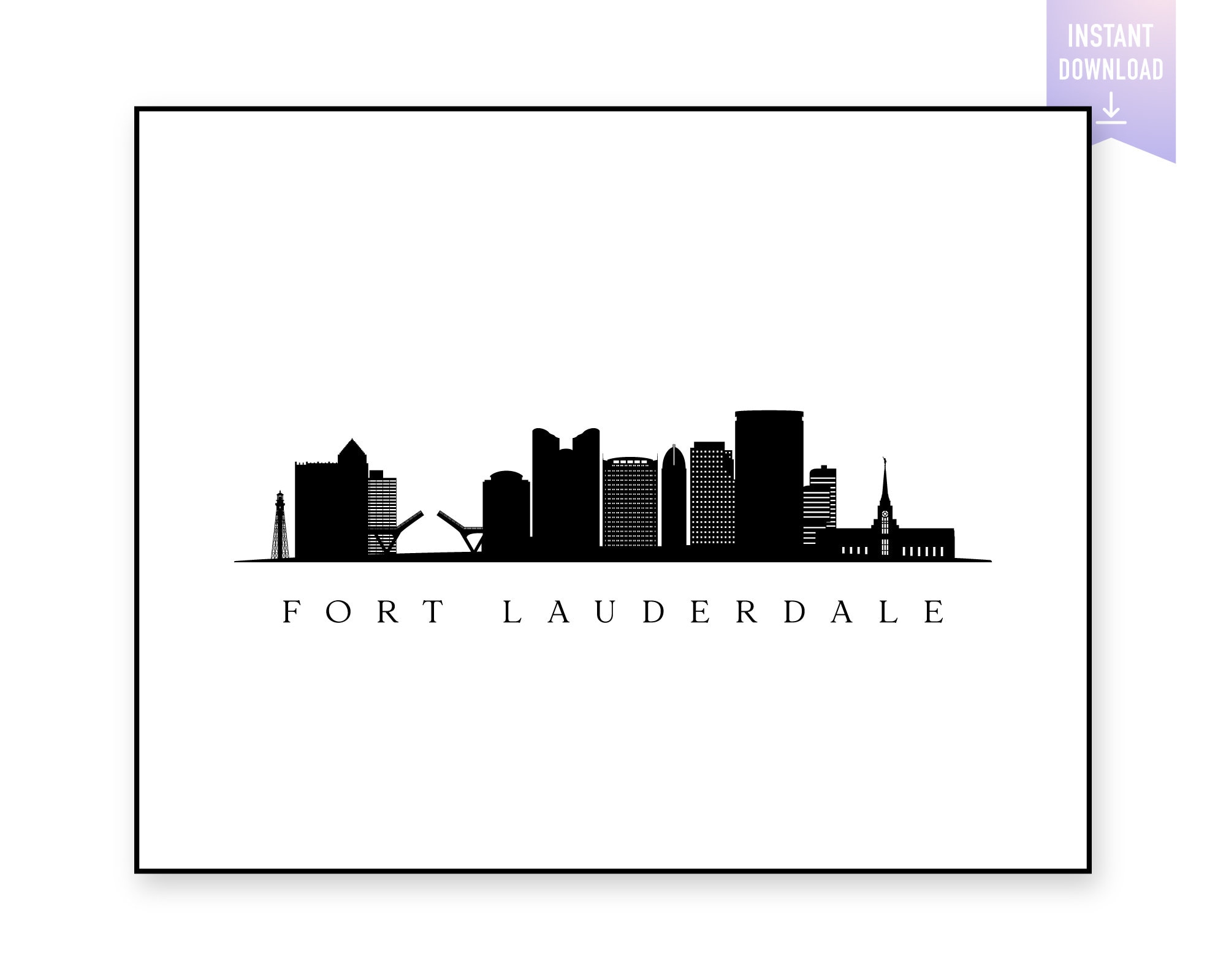 Fort Lauderdale Skyline Print. Fort Lauderdale FL Black Silhouette