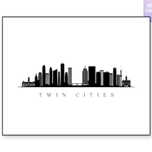 Impresión del horizonte de Twin Cities. Silueta negra de Twin Cities, Minnesota. Impresión digital. Arte mural imprimible. Paisaje urbano. Vector de ciudad. jpg, png, eps, svg