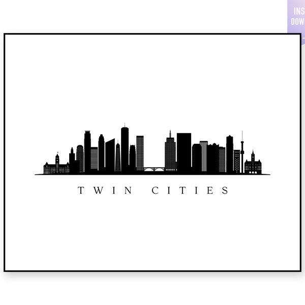 Twin cities Skyline Print. Twin cities MN Black silhouette. Digital Print. Printable wall art. Town Landscape. City Vector. jpg, png,eps,svg