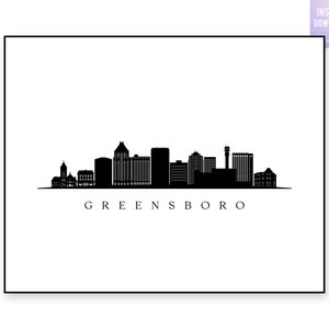 Greensboro Skyline Print. Greensboro NC Black silhouette. Digital Print. Greensboro printable wall art. Town Landscape. jpg, png, eps, svg