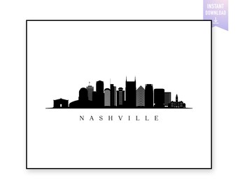 以下が含まれることがあります： ナッシュビルのスカイラインの白黒シルエットで、街並みの下に「NASHVILLE」という文字が書かれています。