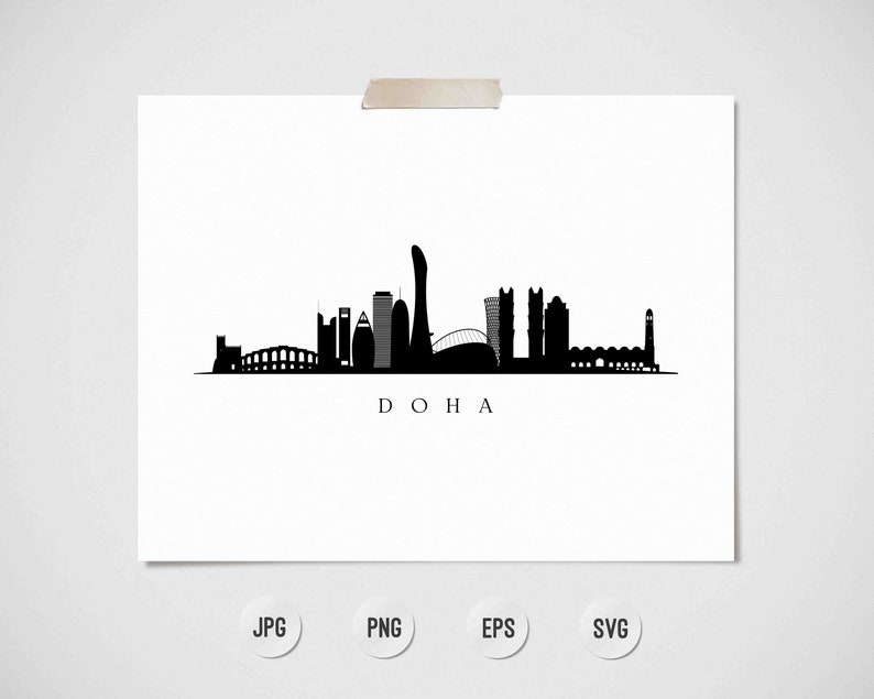 Doha Skyline Print. Doha Qatar Black Silhouette. Digital Print. Wall