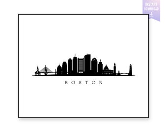 Boston Skyline Print. Boston ma Black silhouette. Digital Print. Printable wall art. Town Landscape. Boston Vector. jpg, png, eps, svg