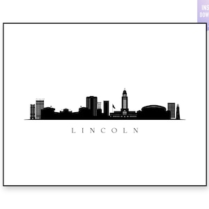 Lincoln skyline-afdruk. Lincoln NE Zwart silhouet. Digitale afdruk. Lincoln afdrukbare muurkunst. Stadslandschap. Stadsvector. jpg, png, eps, svg
