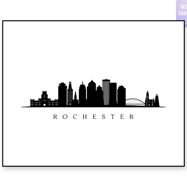 Rochester Skyline Print. Rochester NY Black silhouette. Digital Print. Rochester printable wall art. Town Landscape. jpg, png, eps, svg