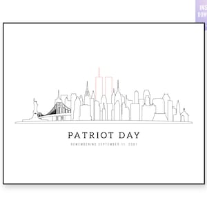 Impresión del Día del Patriota. Arte lineal del horizonte de Nueva York. Impresión digital. Arte mural imprimible de la ciudad de Nueva York. Día del Patriota del 11 de septiembre. World Trade Center de Nueva York. jpg, png