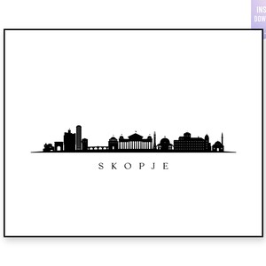 May include: A black and white print of the Skopje skyline. The print features a silhouette of the city's buildings and landmarks against a white background. The word "SKOPJE" is printed in black below the skyline. The words "INSTANT DOWNLOAD" are printed in a purple banner.