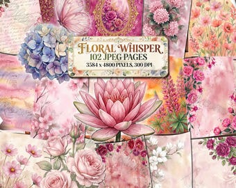 FLORAL WHISPER Cottage Style Paper, Vintage Romantic Pink Junk Journal Pages, Victorian Rose Flowers, Floral Digital Botanical Printables