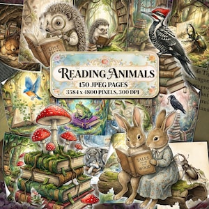 Reading Animals Junk Journal Kit, Watercolor Forest Library Woodland Printable Pages, Whimsical Fairytale Storybook, Fantasy Nature Ephemera