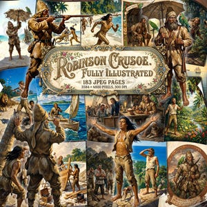 May include: A collection of illustrations from "Robinson Crusoe, Fully Illustrated." The artwork shows scenes of survival and adventure. The central image displays the title and details: 183 JPEG pages, 3584 x 4800 pixels, 300 DPI.