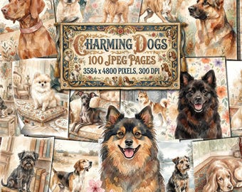 CHARMING DOGS Junk Journal Pages, Cute Puppy Clipart, Printable Animal Ephemera, Pet Breeds Digital Papers, Watercolor Vintage Scrapbook Kit
