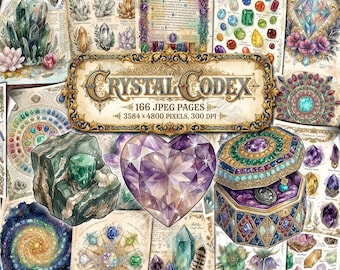 May include: A collage featuring illustrations of crystals, gemstones, and a bejeweled box. The text "CRYSTAL CODEX" is displayed in a decorative frame, along with details about the pages and resolution.