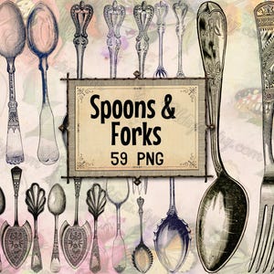 May include: A collection of 59 vintage-style spoons and forks, with ornate designs and a distressed, aged look. The spoons and forks are arranged in a collage with a floral background and the text "Spoons & Forks 59 PNG".
