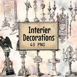 May include: A collection of vintage-style interior decoration illustrations in black and white. The image includes various decorative elements such as candelabras, eagle statues, and ornate frames. The text "Interior Decorations 49 PNG" is displayed on a sign.
