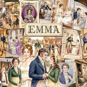May include: A collage of illustrations depicting scenes from the novel Emma, featuring various characters in Regency-era clothing, indoor and outdoor settings, and a central rectangular sign with the word EMMA printed in a decorative font.