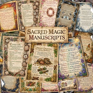 Peut inclure: Une collection de pages style parchemin intitulées Sacred Magic Manuscripts, présentant des illustrations détaillées d'herbes, de pièces, de sachets et de motifs célestes avec des instructions textuelles pour divers sorts, charmes et rituels au style vintage.