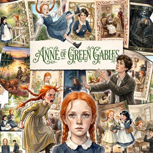 Può includere: Un collage di illustrazioni che raffigurano scene di Anne of Green Gables, con un ritratto centrale di una ragazza dai capelli rossi con trecce, circondato da varie vignette narrative e dal titolo Anne of Green Gables in caratteri verdi.