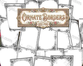 Bordes ornamentados, arte lineal victoriano antiguo en blanco y negro para diarios creativos, álbumes de recortes e invitaciones, descarga digital, PNG imprimible