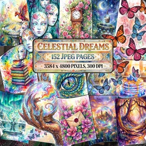 Celestial Dreams Junk Journal druckbare Seiten, wunderliche helle Regenbogen Ephemera, magischer Wald, Fantasy Papiere, mystischer Drache, launisch