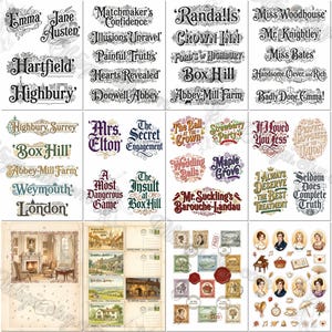 May include: A collection of decorative paper stickers featuring various typographic phrases, literary references, vintage-style illustrations of buildings, postage stamps, wax seals, and small icons of people, furniture, and objects on a white background.