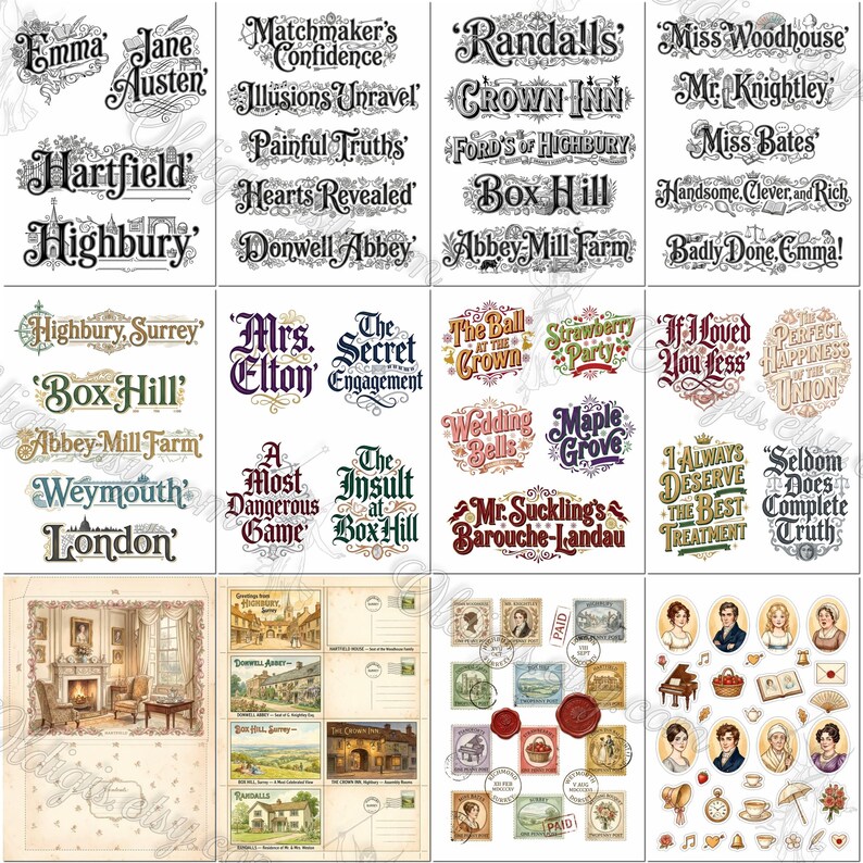 May include: A collection of decorative paper stickers featuring various typographic phrases, literary references, vintage-style illustrations of buildings, postage stamps, wax seals, and small icons of people, furniture, and objects on a white background.
